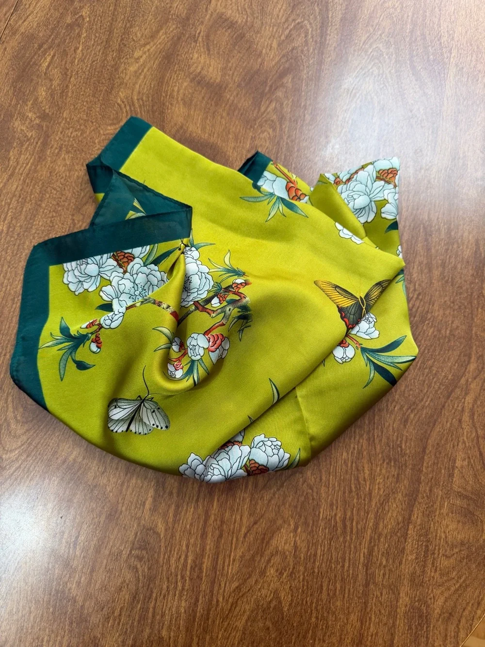 Vibrant Olive Green Floral & Butterfly Silky feeling Scarf